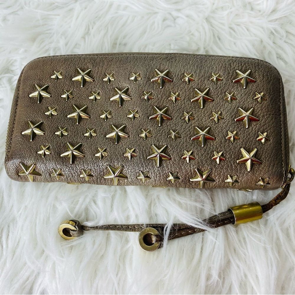 Jimmy Choo Taupe Gold Star-Studded Zip Around Long Wallet Authentic - Picture 8 of 17